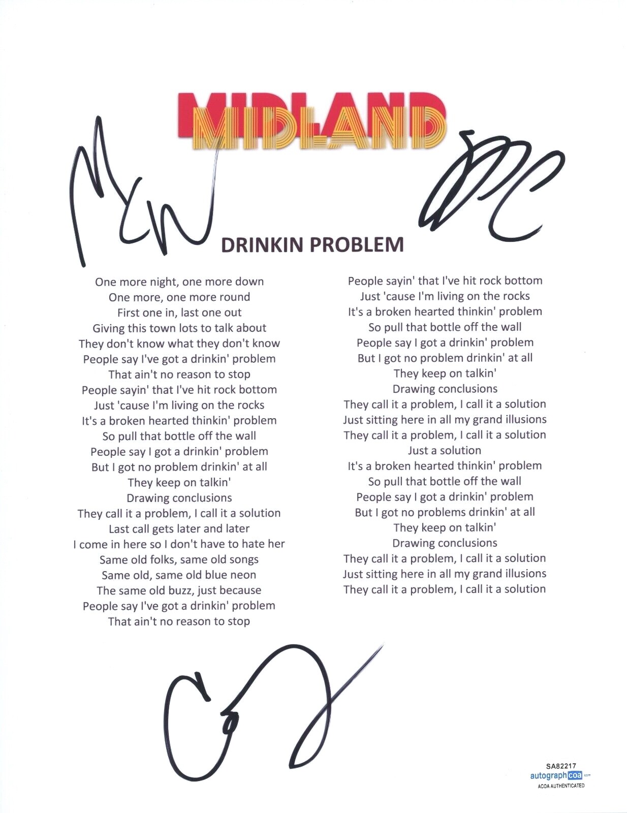 Midland Signed Autograph Drinkin Problem Lyric Sheet Mark Jess Cameron ACOA COA