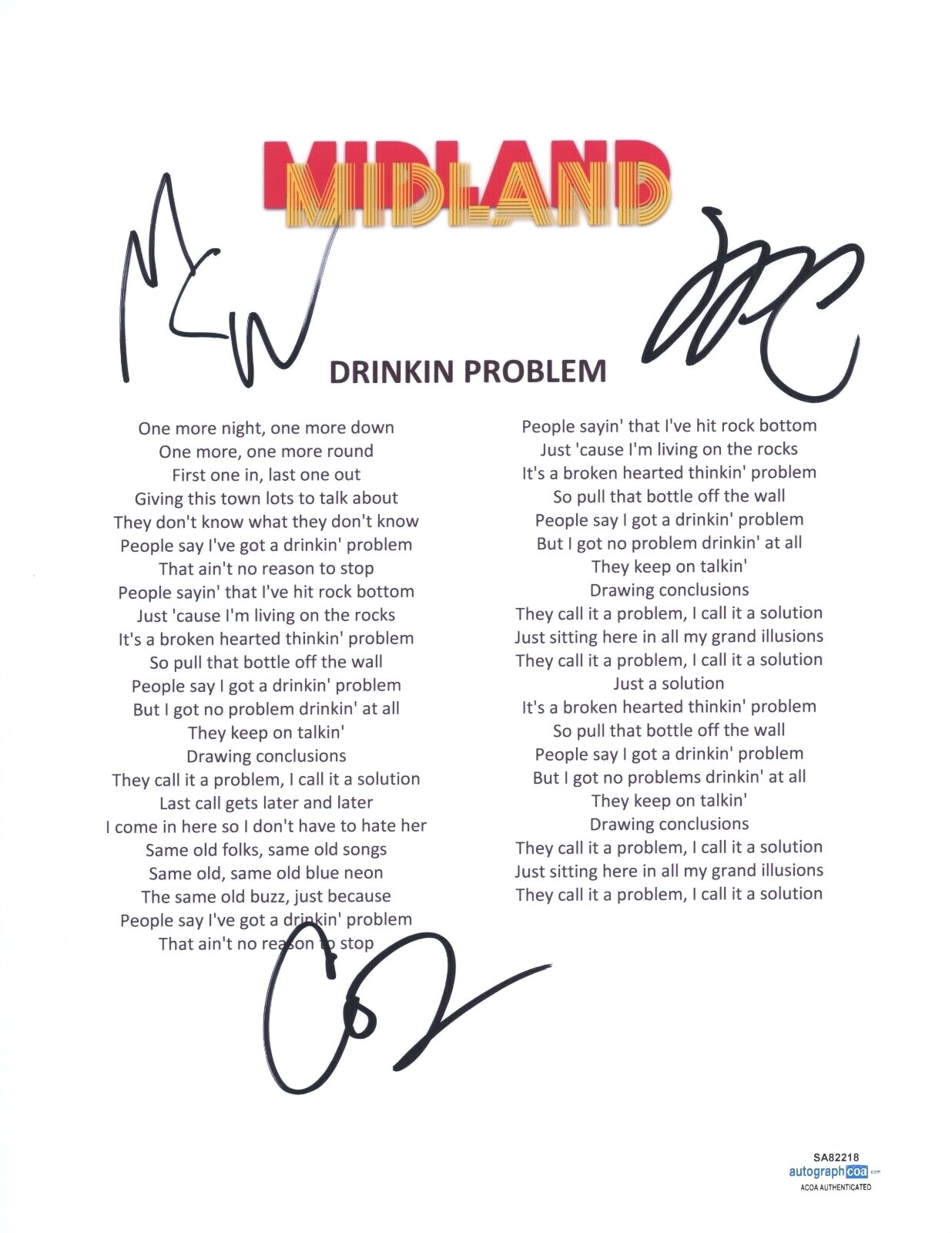Midland Signed Autograph Drinkin Problem Lyric Sheet Mark Jess Cameron ACOA COA