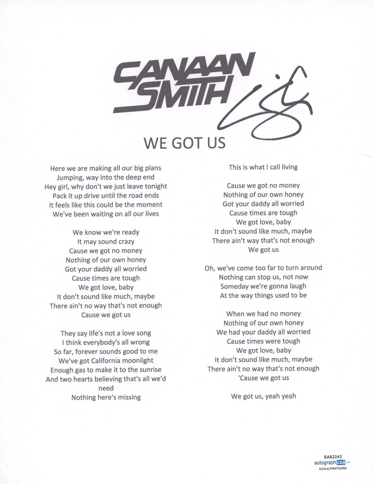 Canaan Smith Signed Autographed We Got Us Song Lyric Sheet Country Star ACOA COA