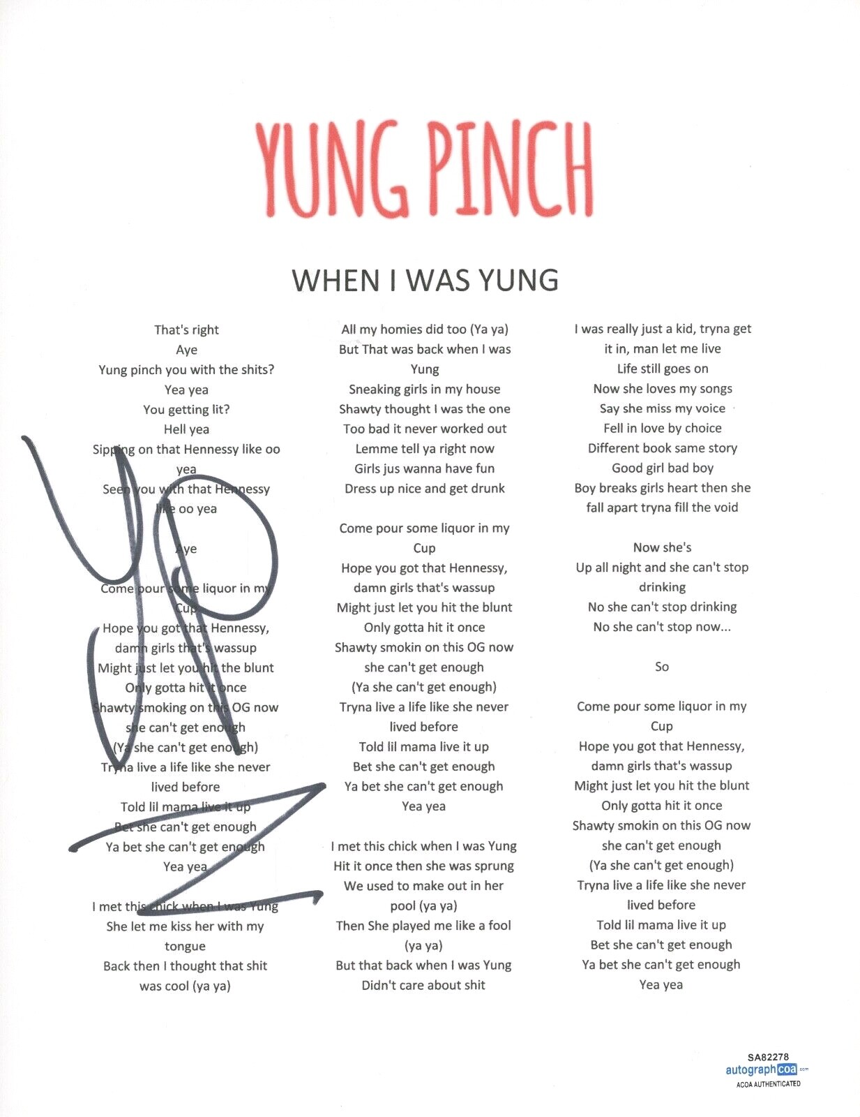 YUNG PINCH SIGNED AUTOGRAPHED WHEN I WAS YUNG SONG LYRIC SHEET RAPPER ACOA COA COLLECTIBLE MEMORABILIA
