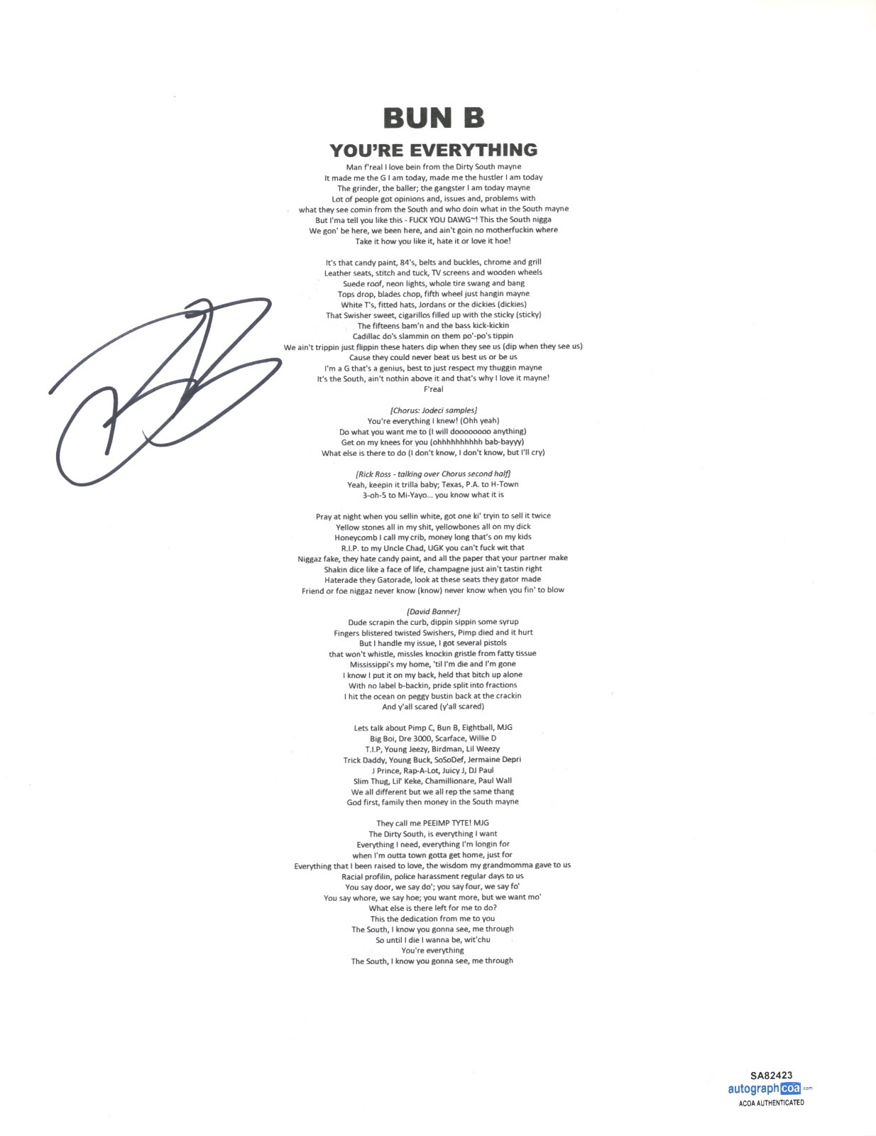 BUN B SIGNED AUTOGRAPHED YOU’RE EVERYTHING LYRIC SHEET HIP HOP RAPPER ACOA COA COLLECTIBLE MEMORABILIA