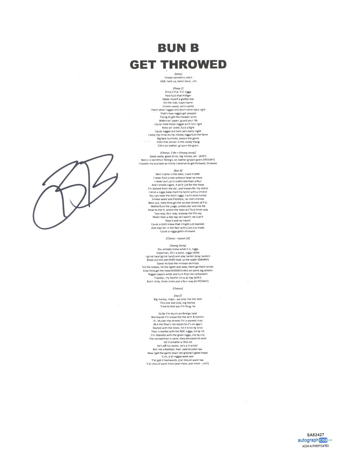 BUN B SIGNED AUTOGRAPHED GET THROWED LYRIC SHEET HIP HOP RAPPER ACOA COA COLLECTIBLE MEMORABILIA