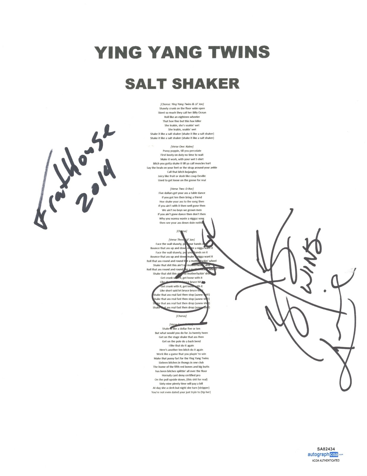 YING YANG TWINS SIGNED AUTOGRAPHED SALT SHAKER LYRIC SHEET HIP HOP RAP ACOA COA COLLECTIBLE MEMORABILIA