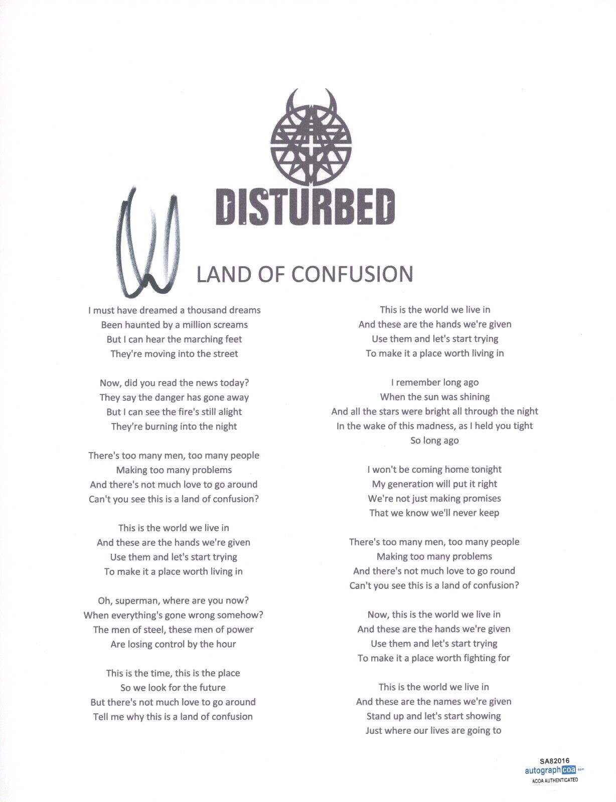 David Draiman Signed Autograph Disturbed Land of Confusion Lyric Sheet ACOA COA