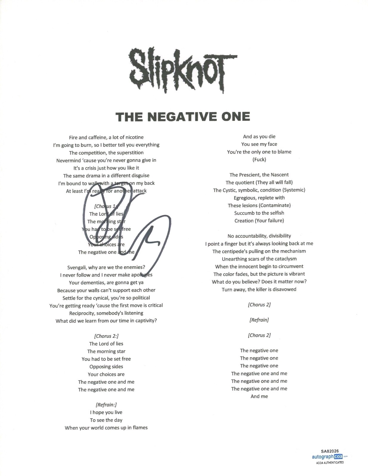 Corey Taylor Signed Autographed Slipknot The Negative One Lyric Sheet ACOA COA
