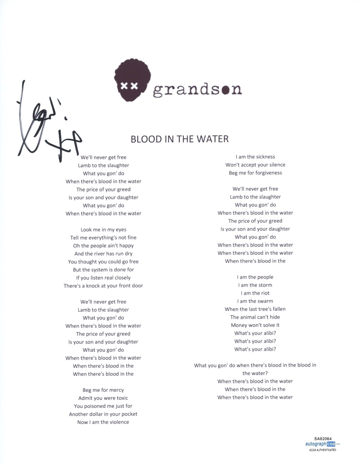Grandson Signed Autographed Blood // Water Song Lyric Sheet ACOA COA