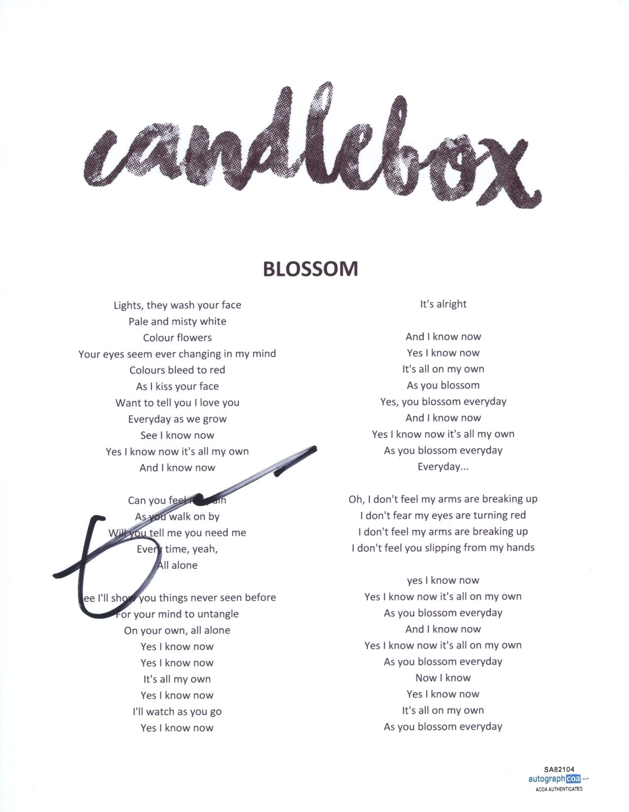 Kevin Martin Signed Autographed Candlebox Blossom Song Lyric Sheet ACOA COA
