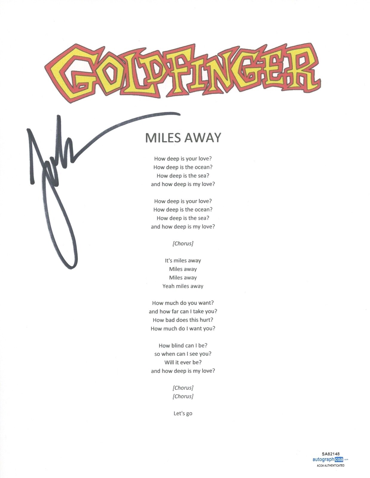 John Feldmann Signed Autographed Goldfinger Miles Away Song Lyric Sheet ACOA COA