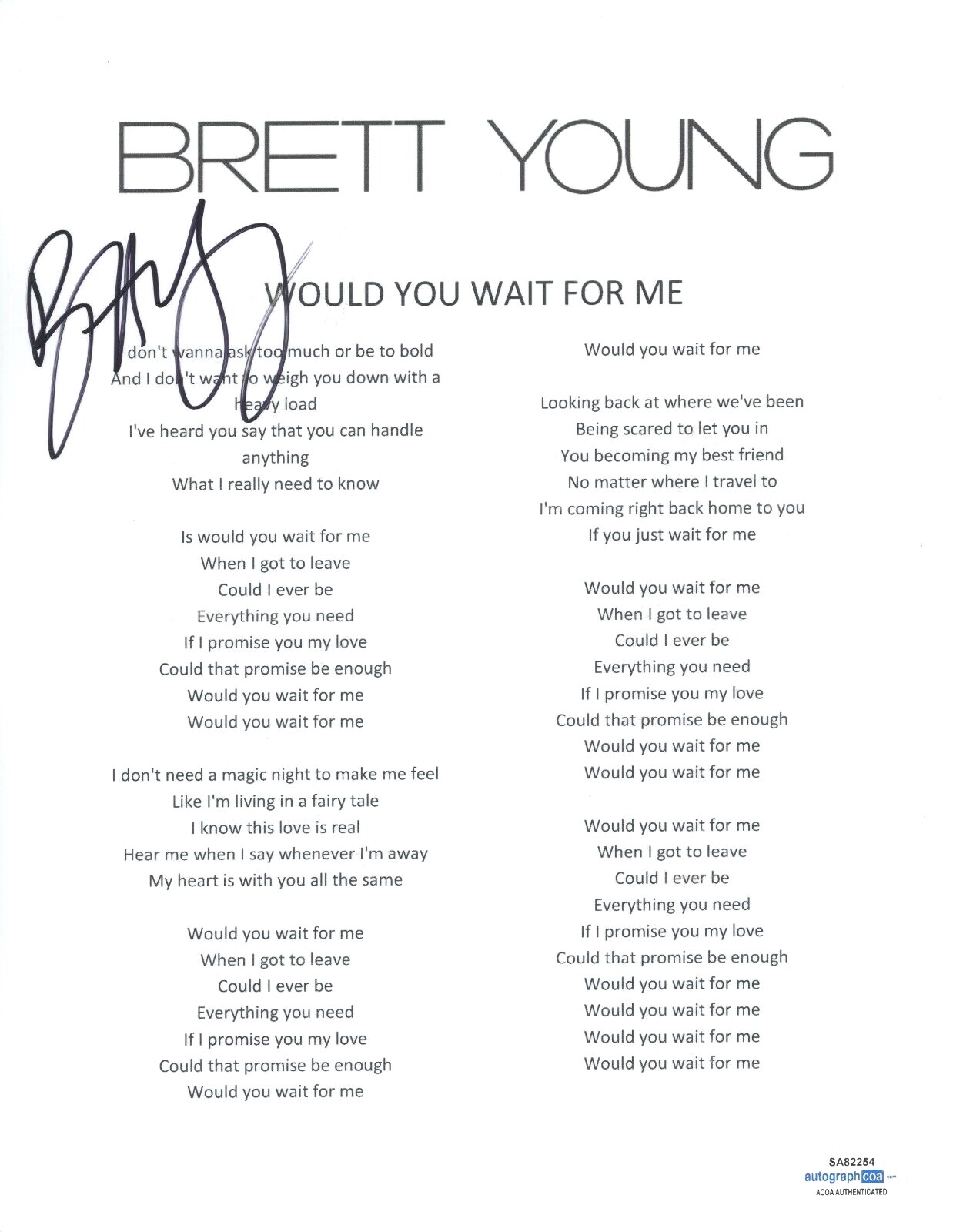 BRETT YOUNG SIGNED AUTOGRAPHED WOULD YOU WAIT FOR ME SONG LYRIC SHEET ACOA COA COLLECTIBLE MEMORABILIA