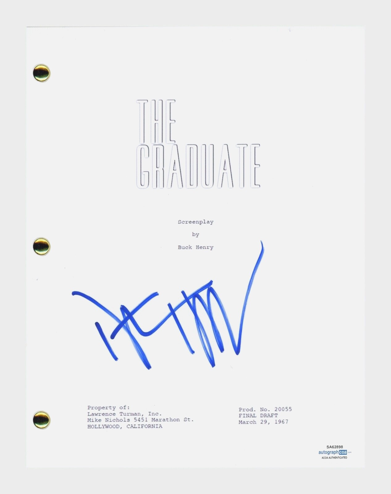 Dustin Hoffman Signed Autographed The Graduate Movie Script Screenplay ACOA COA