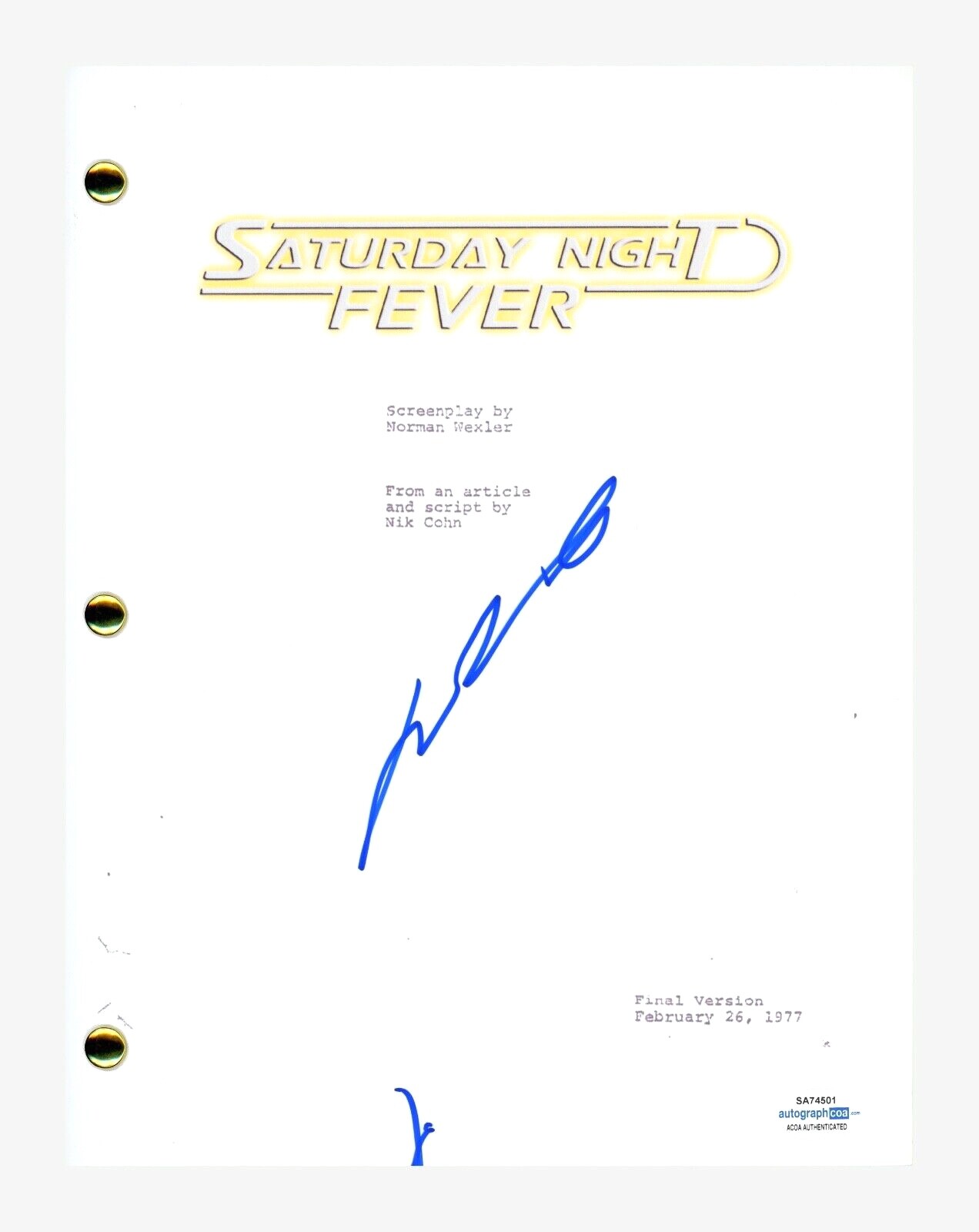 John Travolta Signed Autographed Saturday Night Fever Movie Script ACOA COA