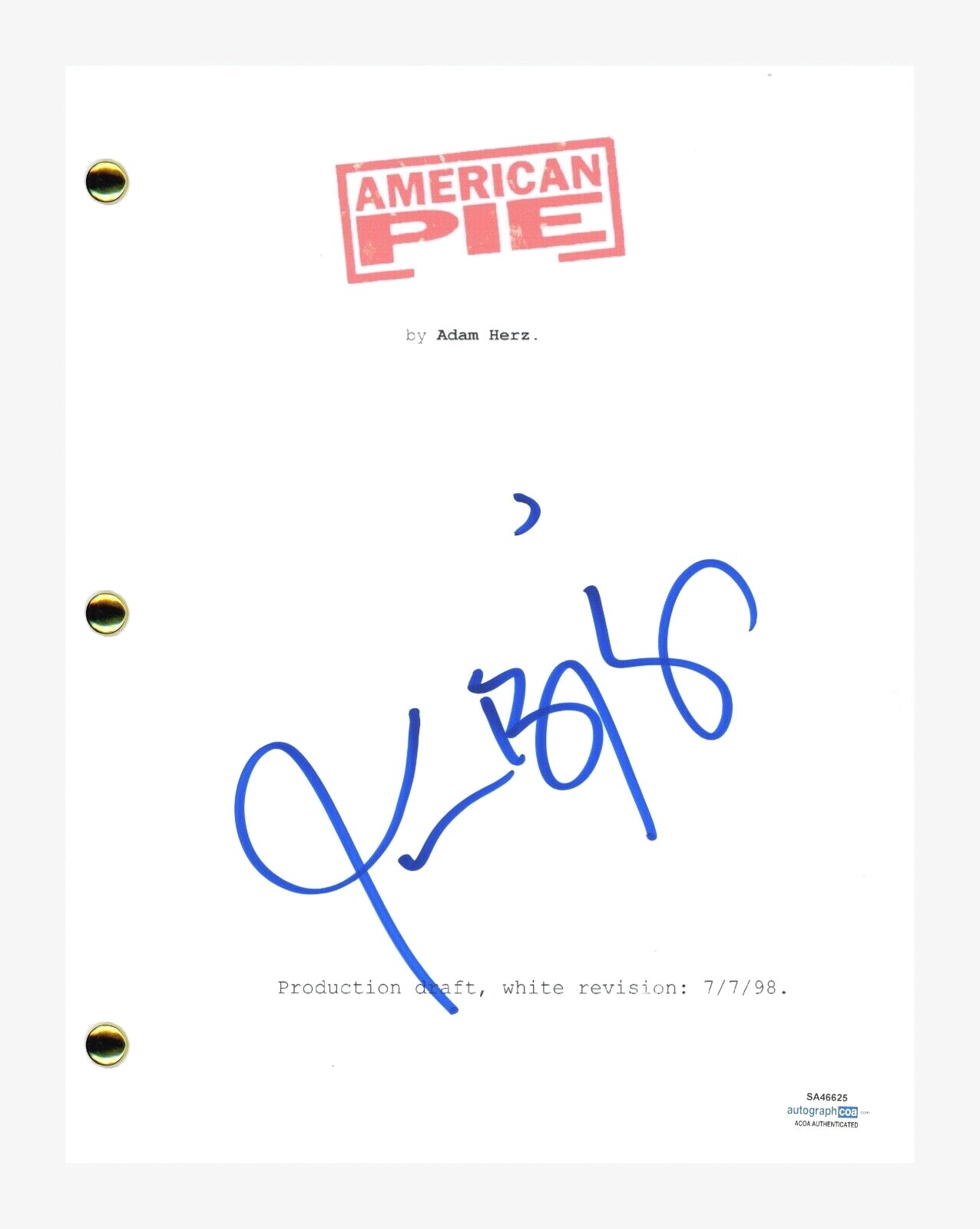 Jason Biggs Signed Autographed American Pie Movie Script Screenplay ACOA COA