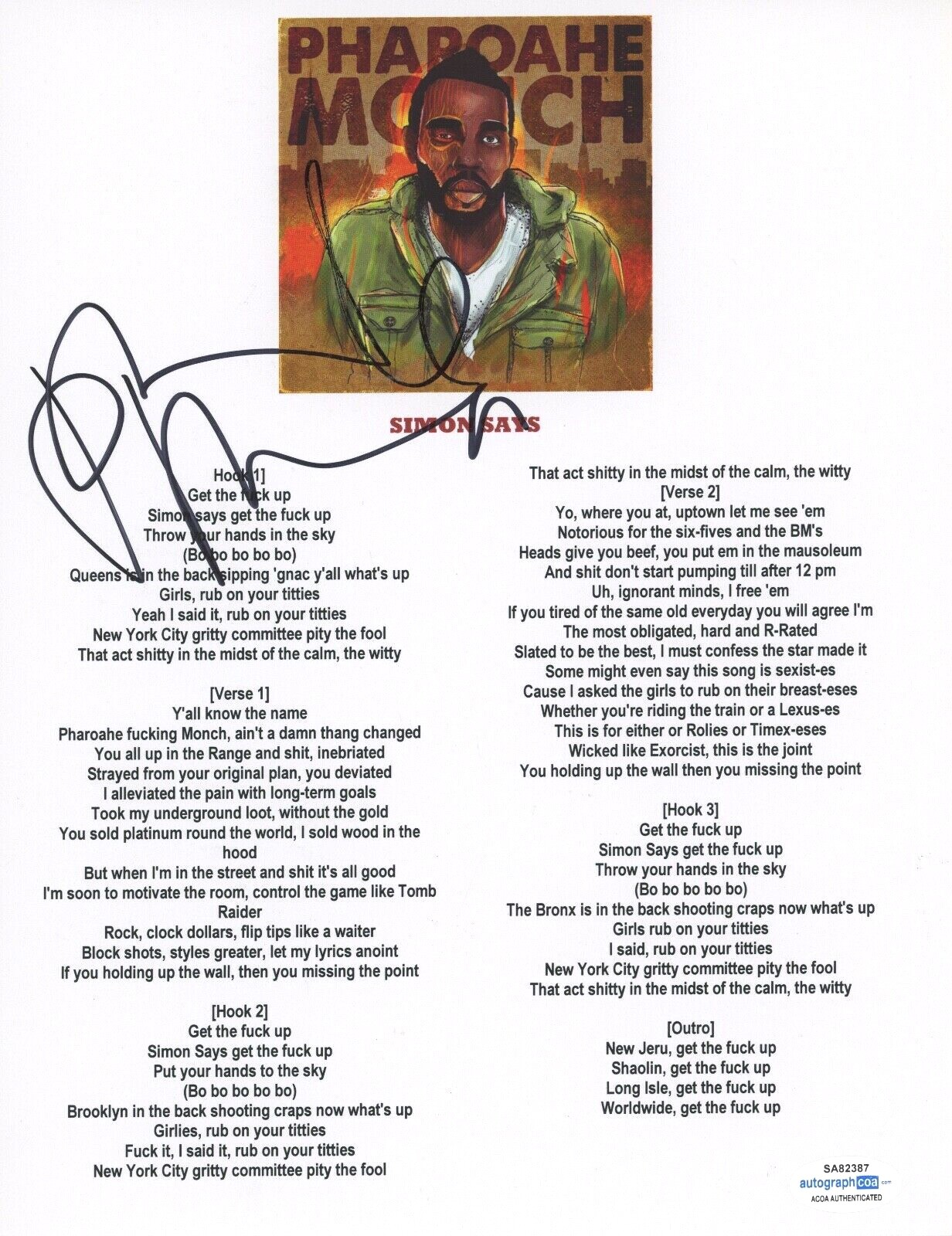 Pharoahe Monch Signed Autographed Simon Says Lyric Sheet Rapper Hip Hop ACOA COA