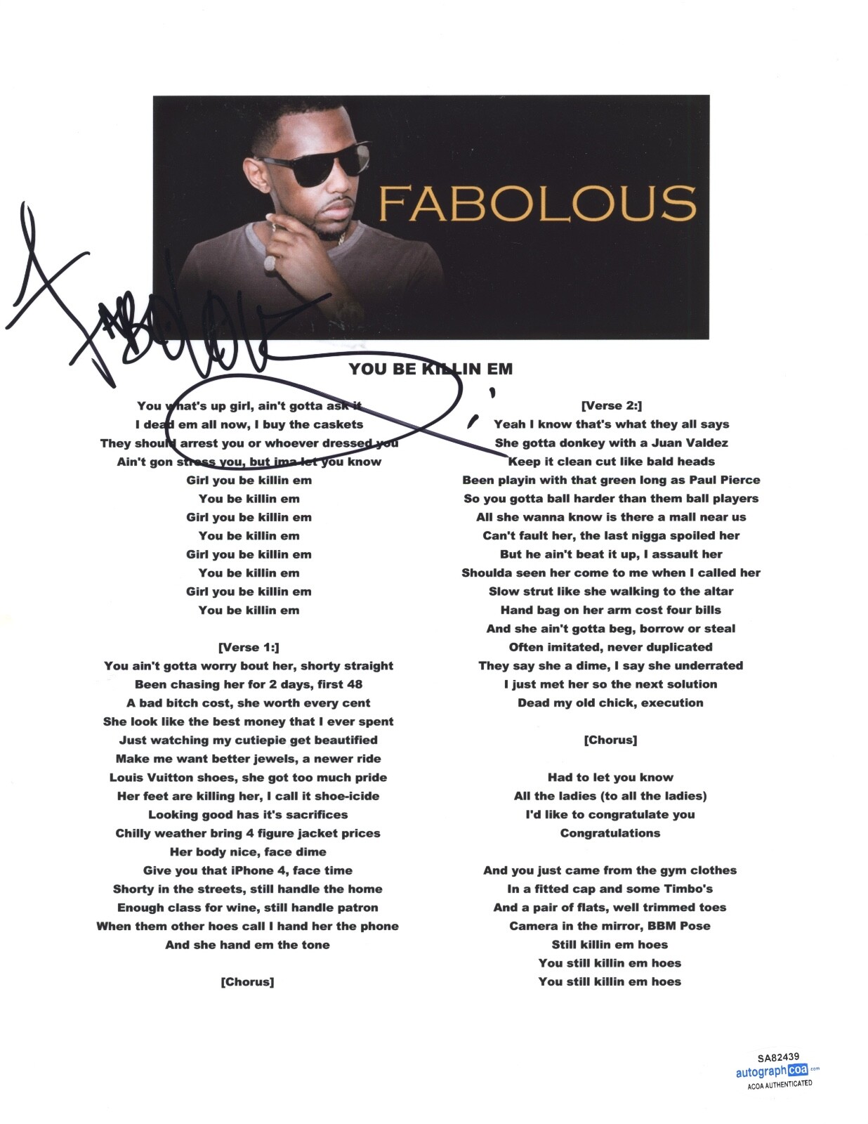 FABOLOUS SIGNED AUTOGRAPHED YOU BE KILLIN EM LYRIC SHEET HIP HOP RAPPER ACOA COA COLLECTIBLE MEMORABILIA