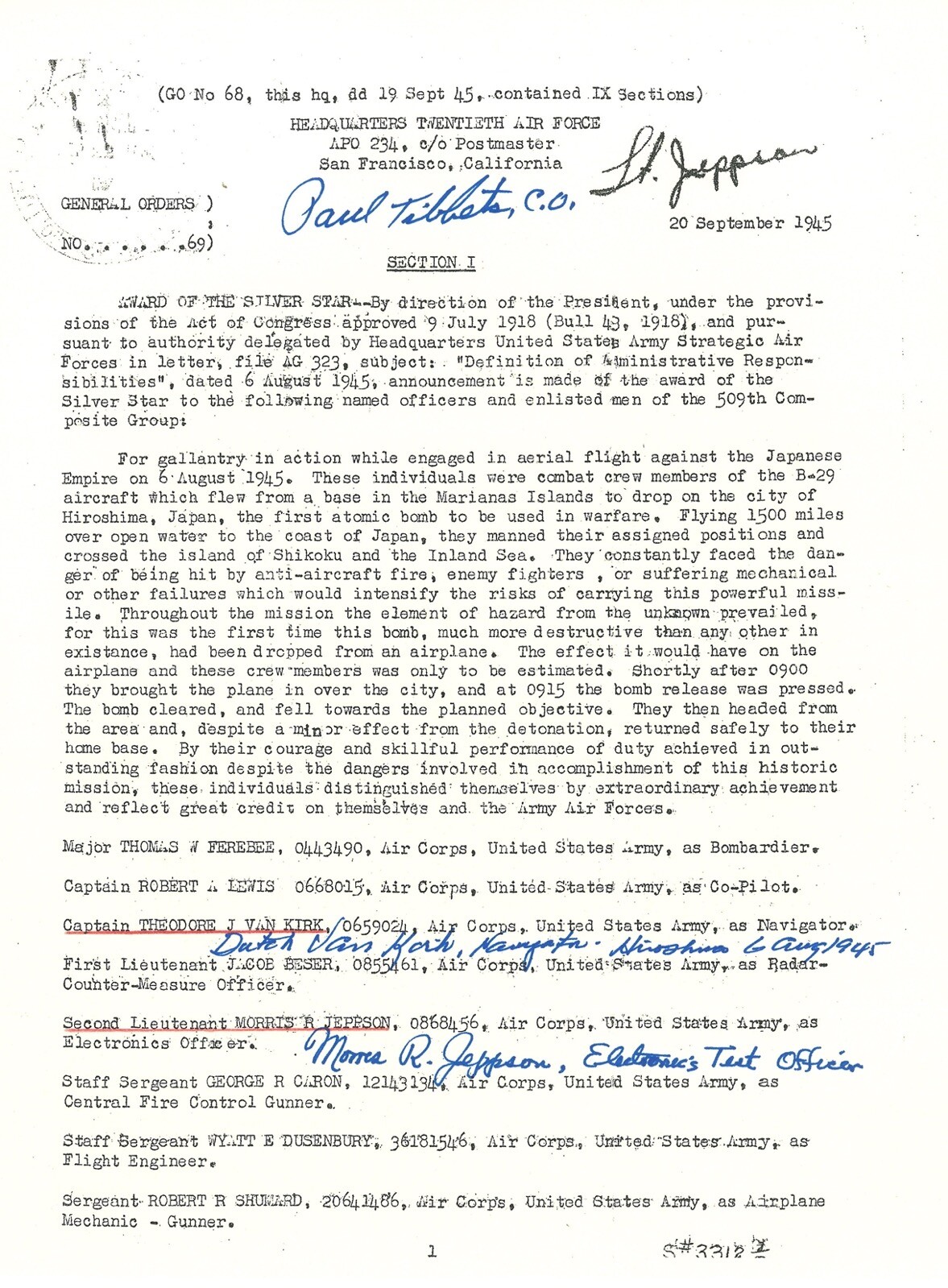 TIBBETS / VAN KIRK / JEPPSON SIGNED SILVER STAR DOCUMENT PSA DNA AB12711