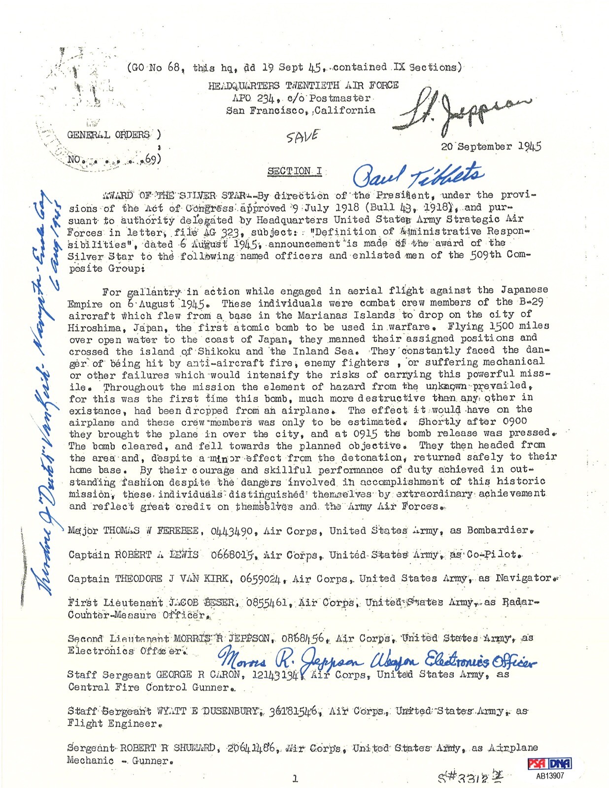 TIBBETS / VAN KIRK / JEPPSON SIGNED SILVER STAR DOCUMENT PSA DNA AB13907