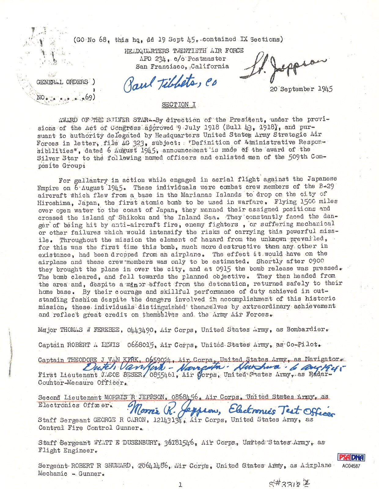 TIBBETS / VAN KIRK / JEPPSON SIGNED SILVER STAR DOCUMENT PSA DNA AC04587