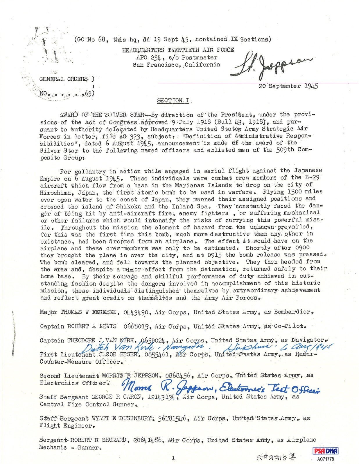 DUTCH VAN KIRK & MORRIS JEPPSON SIGNED SILVER STAR DOCUMENT PSA DNA AC71778