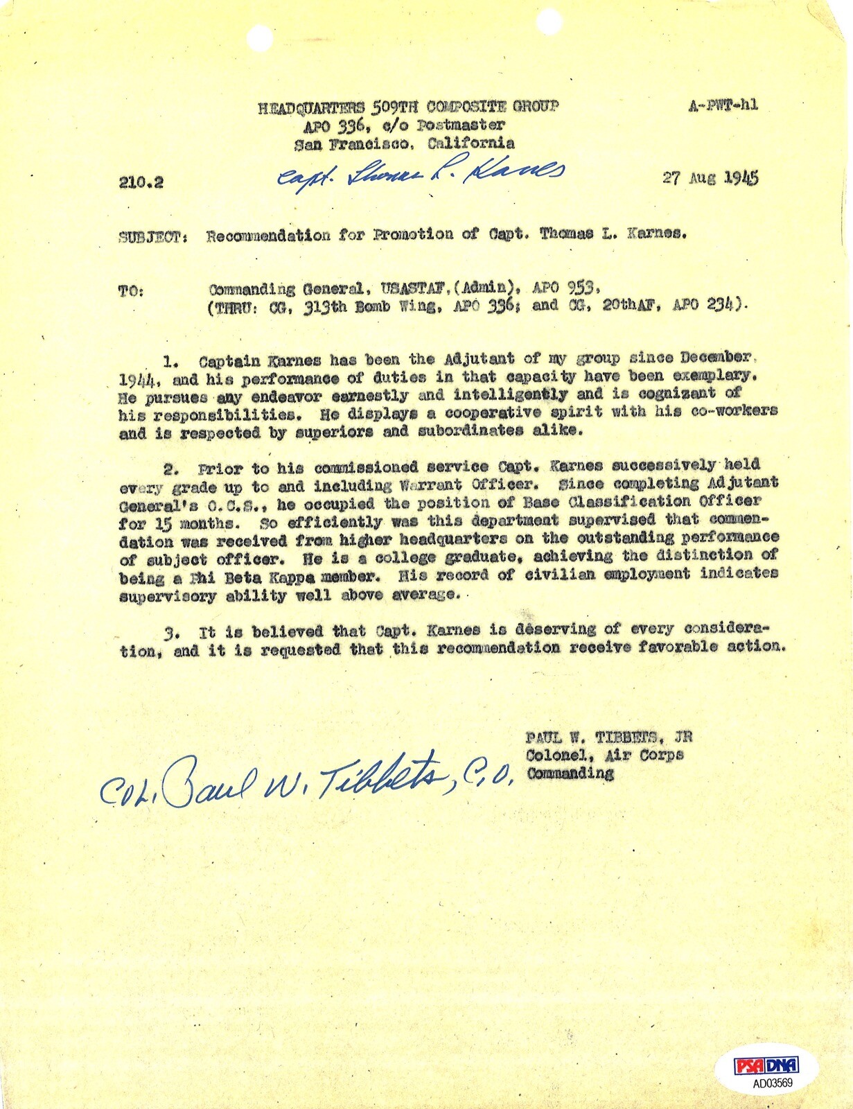 PAUL TIBBETS / THOMAS KARNES SIGNED 509TH COMP GROUP DOCUMENT PSA DNA AD03569
