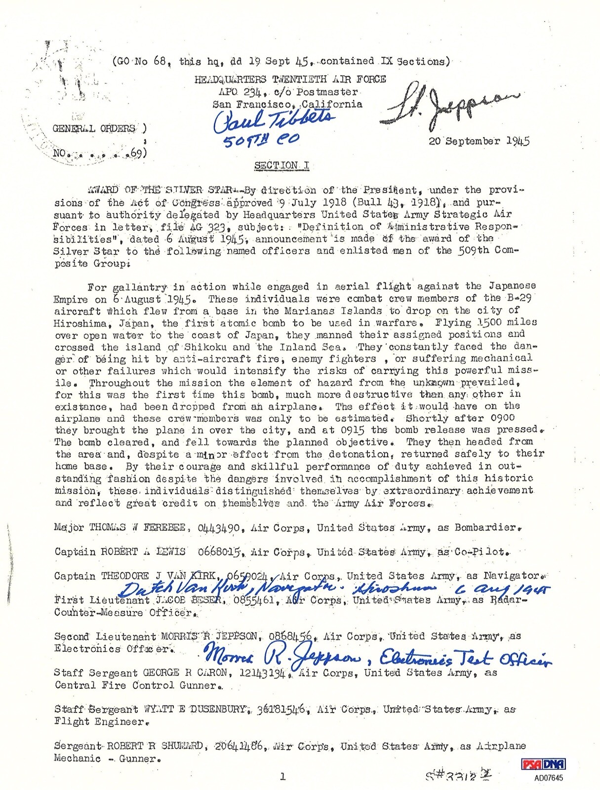 TIBBETS / VAN KIRK / JEPPSON SIGNED SILVER STAR DOCUMENT PSA DNA AD07645