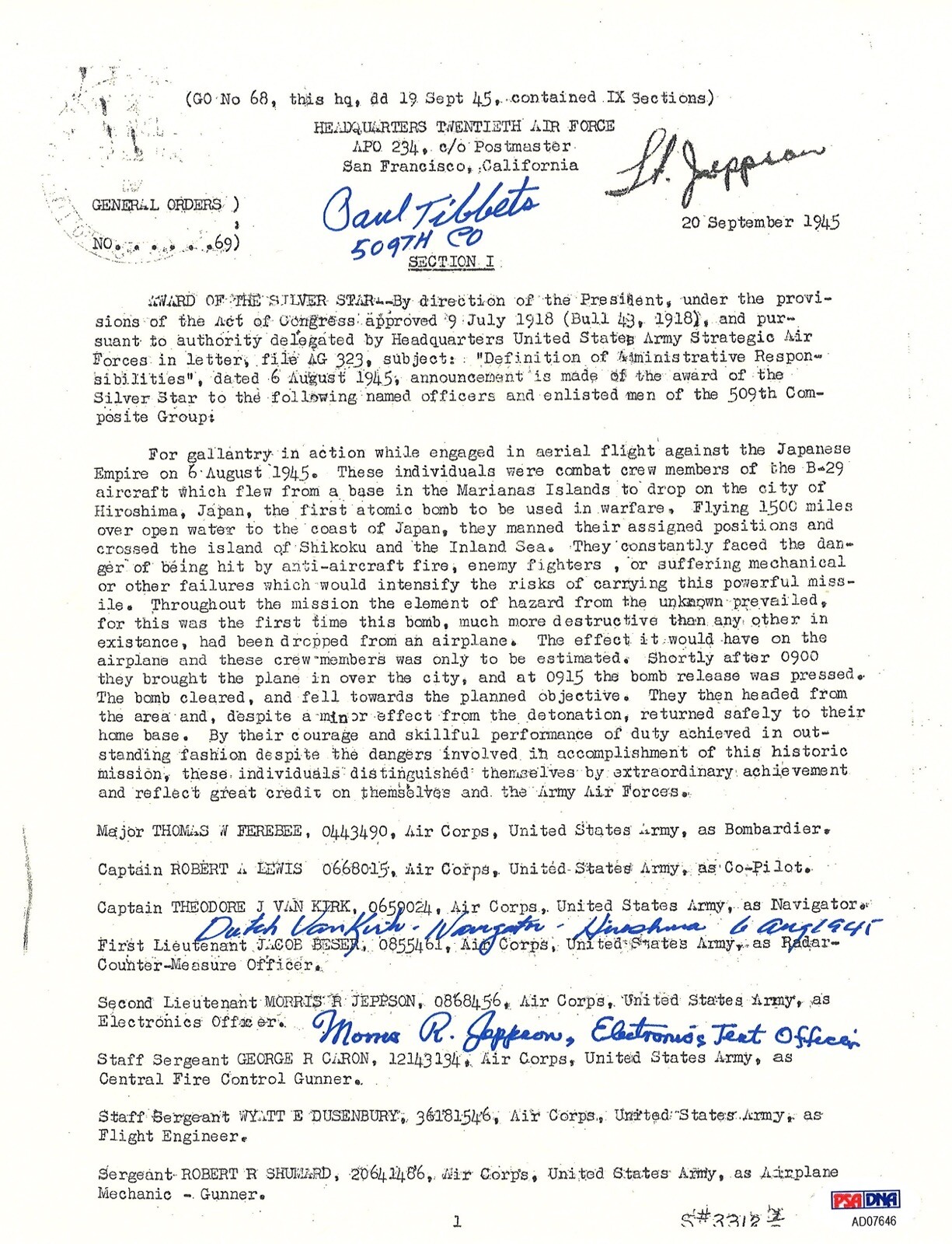 TIBBETS / VAN KIRK / JEPPSON SIGNED SILVER STAR DOCUMENT PSA DNA AD07646