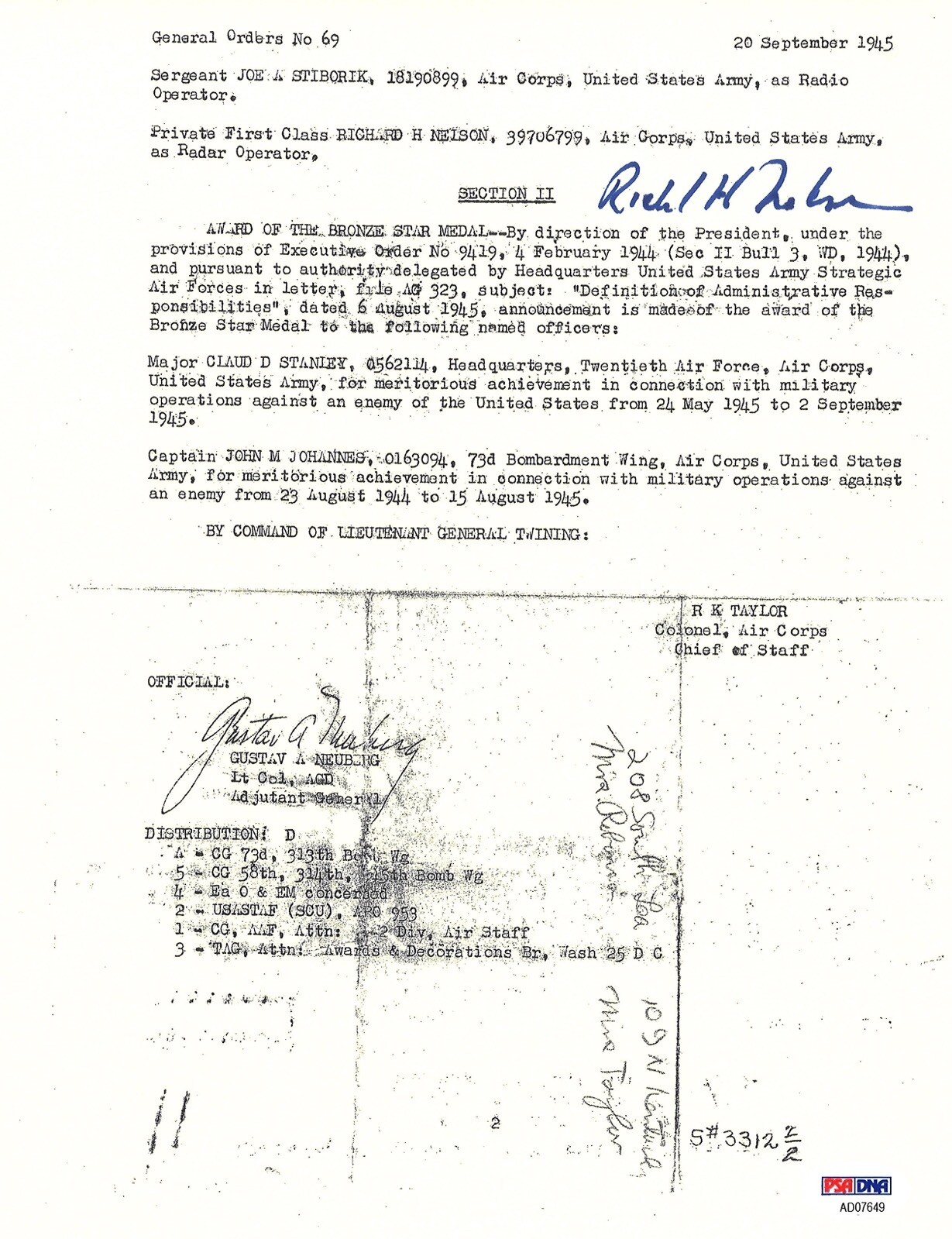 RICHARD NELSON SIGNED SILVER STAR DOCUMENT PSA DNA AD07649 (D) ENOLA GAY