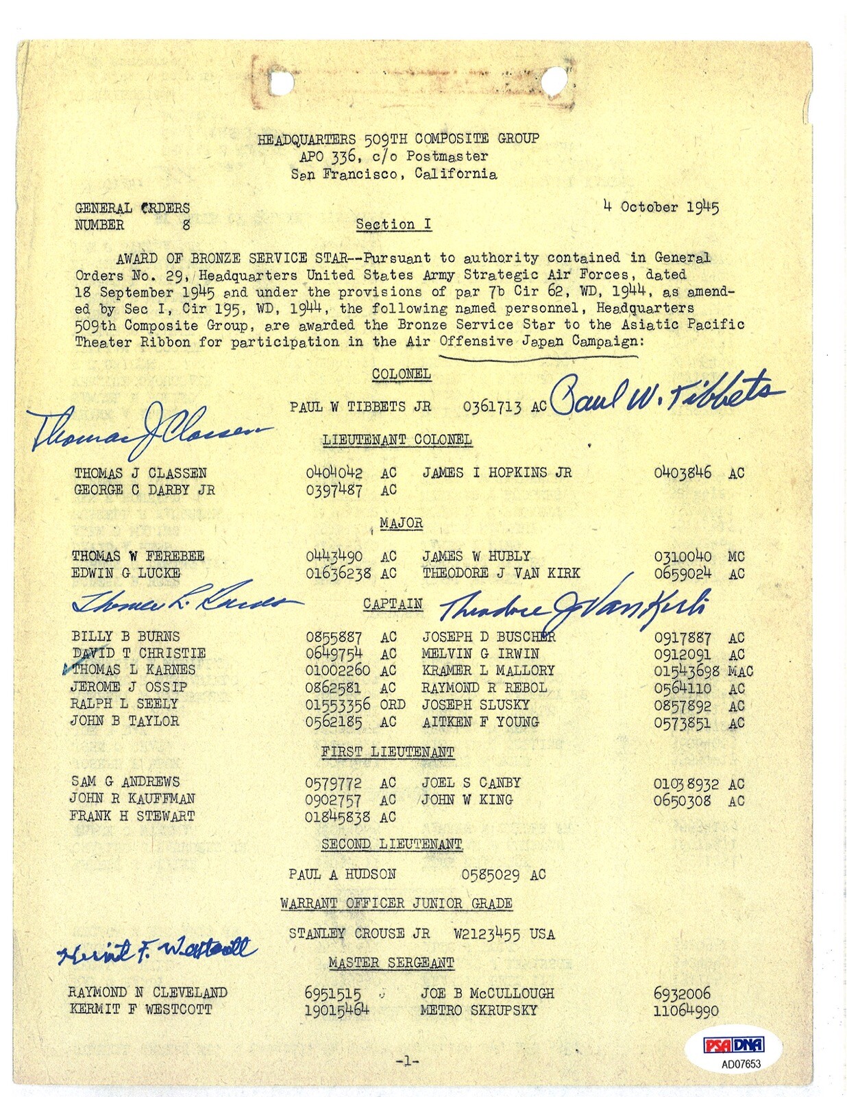 509th COMP GROUP MULTI SIGNED BRONZE STAR DOCUMENT PSA DNA AD07652 (D) X5
