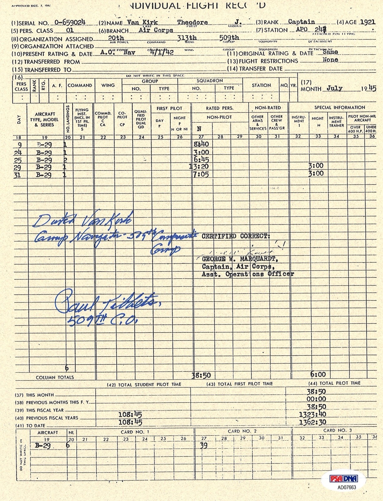 DUTCH VAN KIRK SIGNED FLIGHT RECORD DOCUMENT PSA DNA AD07663 TIBBETS ENOLA GAY