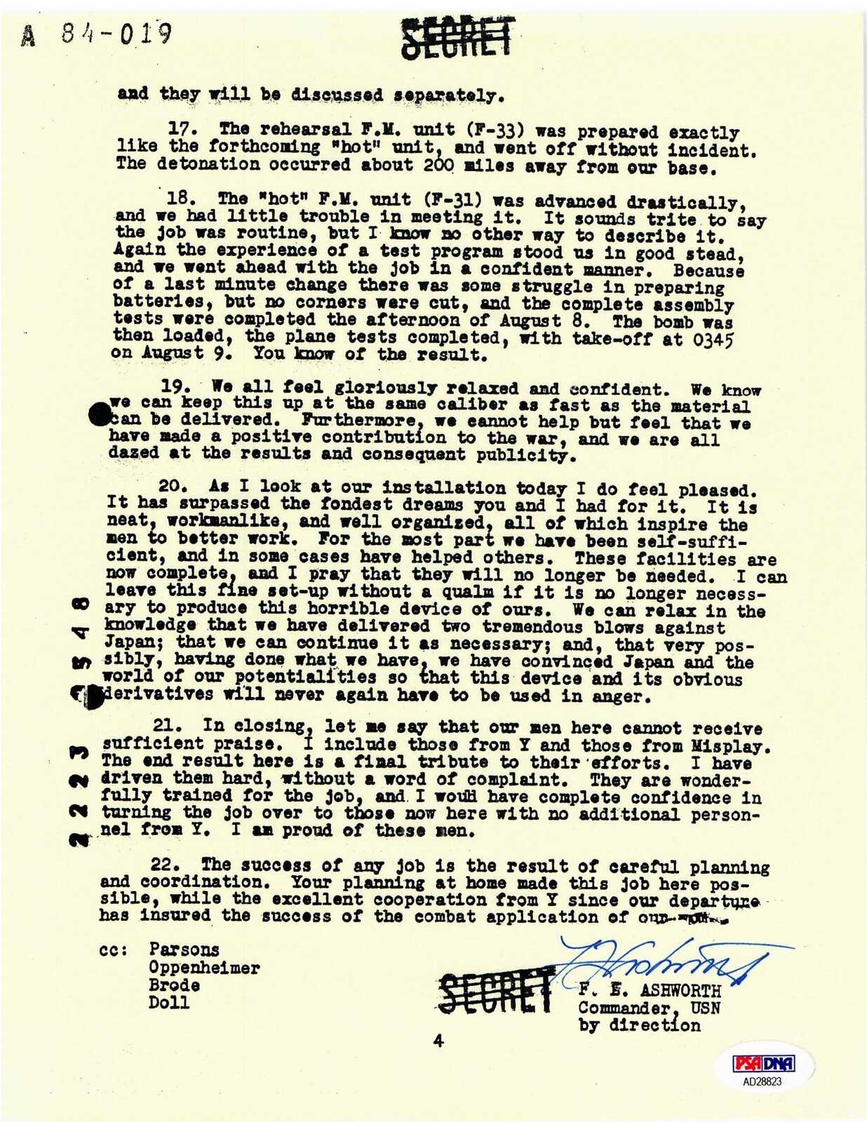 FREDERICK ASHWORTH SIGNED DOCUMENT PSA DNA AD28823 PROJECT ALBERTA ATOMIC BOMB