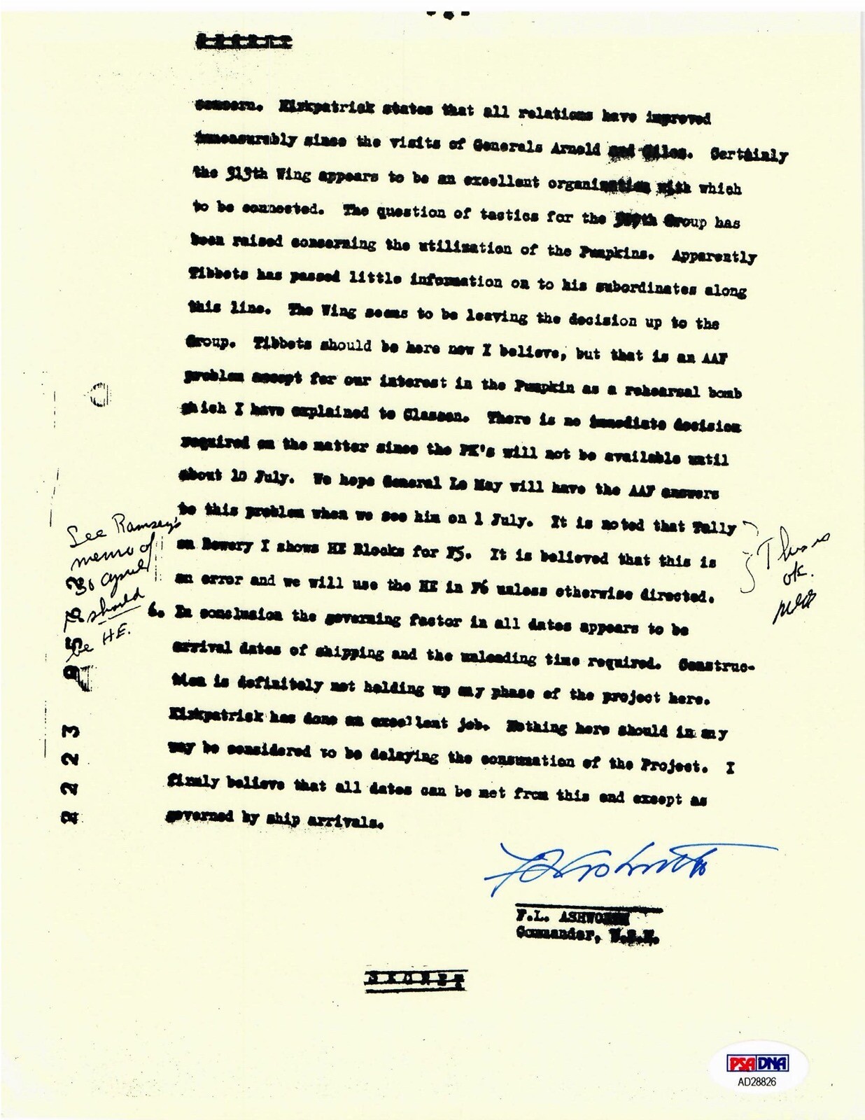 FREDERICK ASHWORTH SIGNED DOCUMENT PSA DNA AD28826 PROJECT ALBERTA ATOMIC BOMB