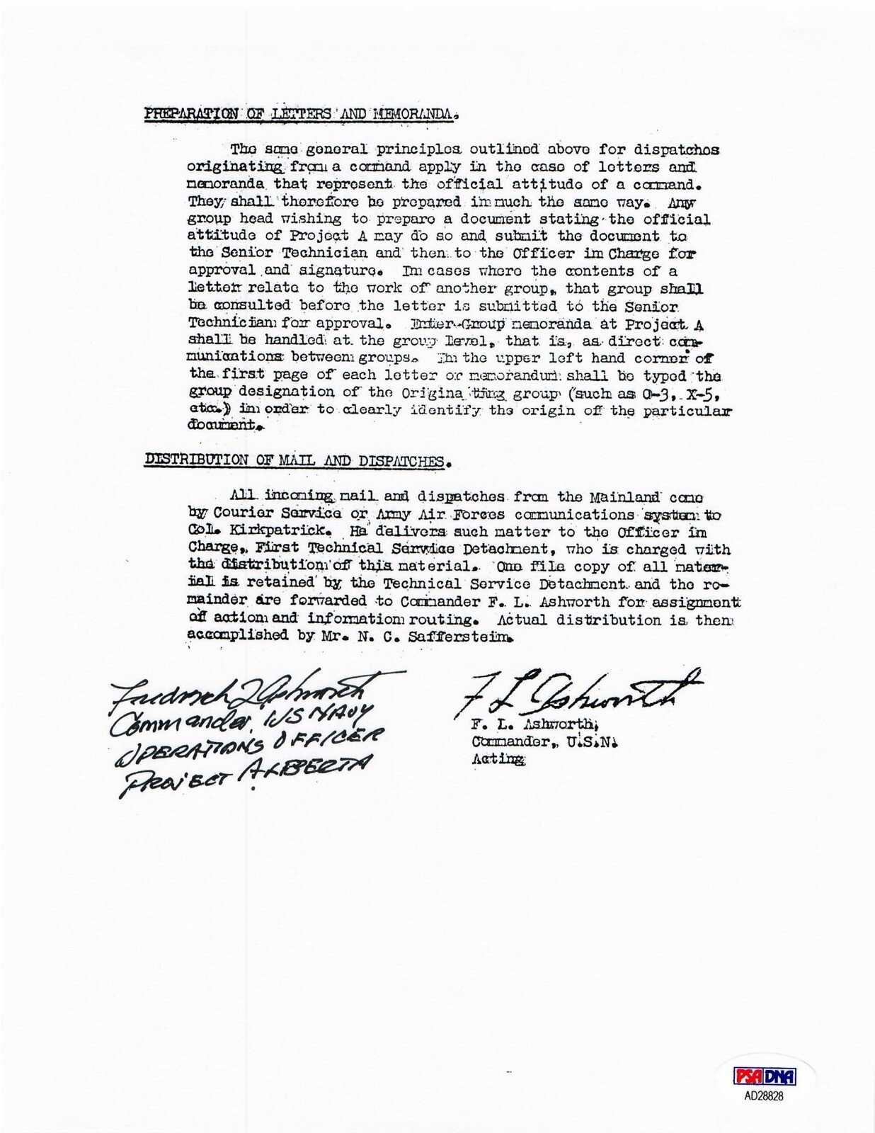 FREDERICK ASHWORTH SIGNED DOCUMENT PSA DNA AD28828 PROJECT ALBERTA ATOMIC BOMB