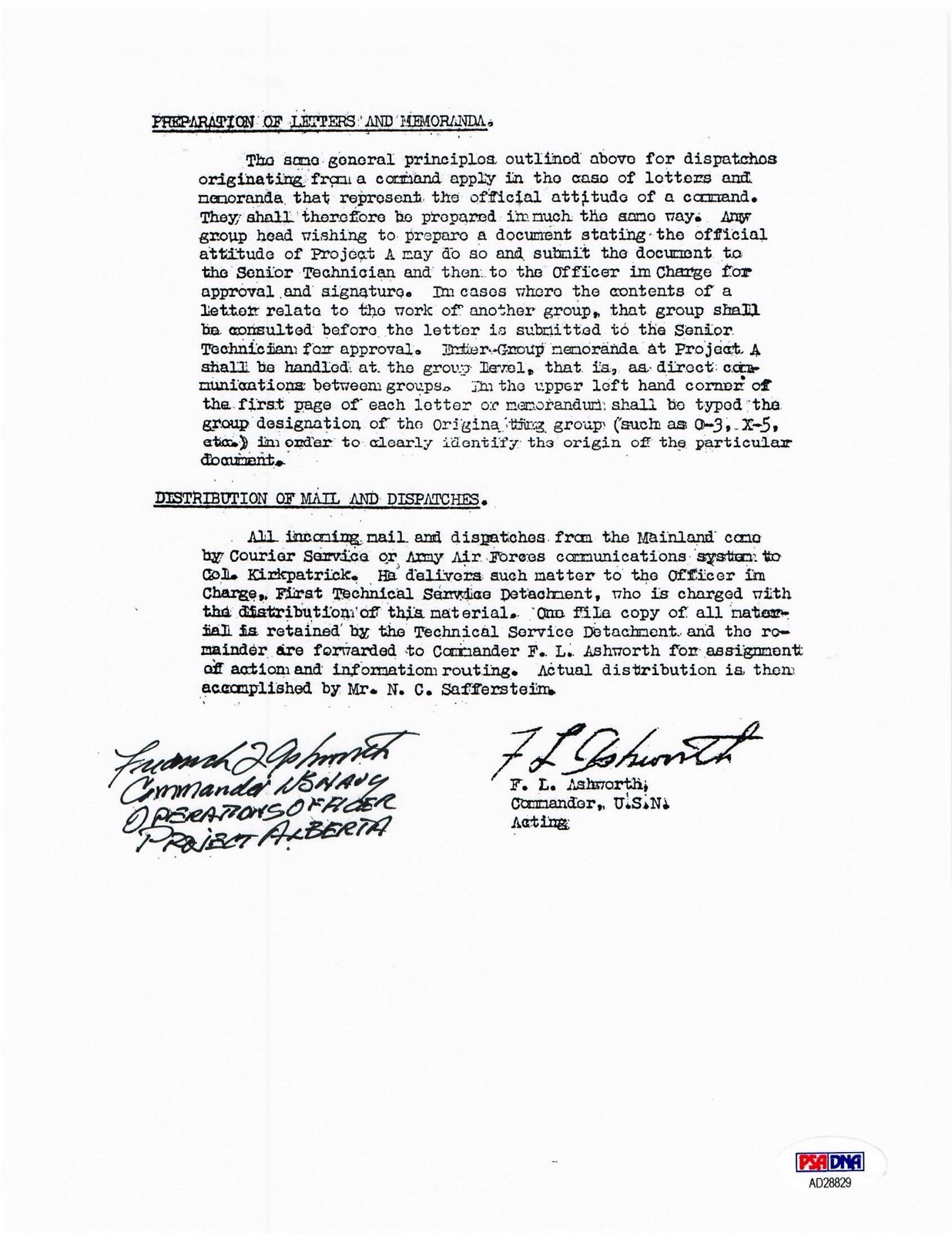 FREDERICK ASHWORTH SIGNED DOCUMENT PSA DNA AD28829 PROJECT ALBERTA ATOMIC BOMB