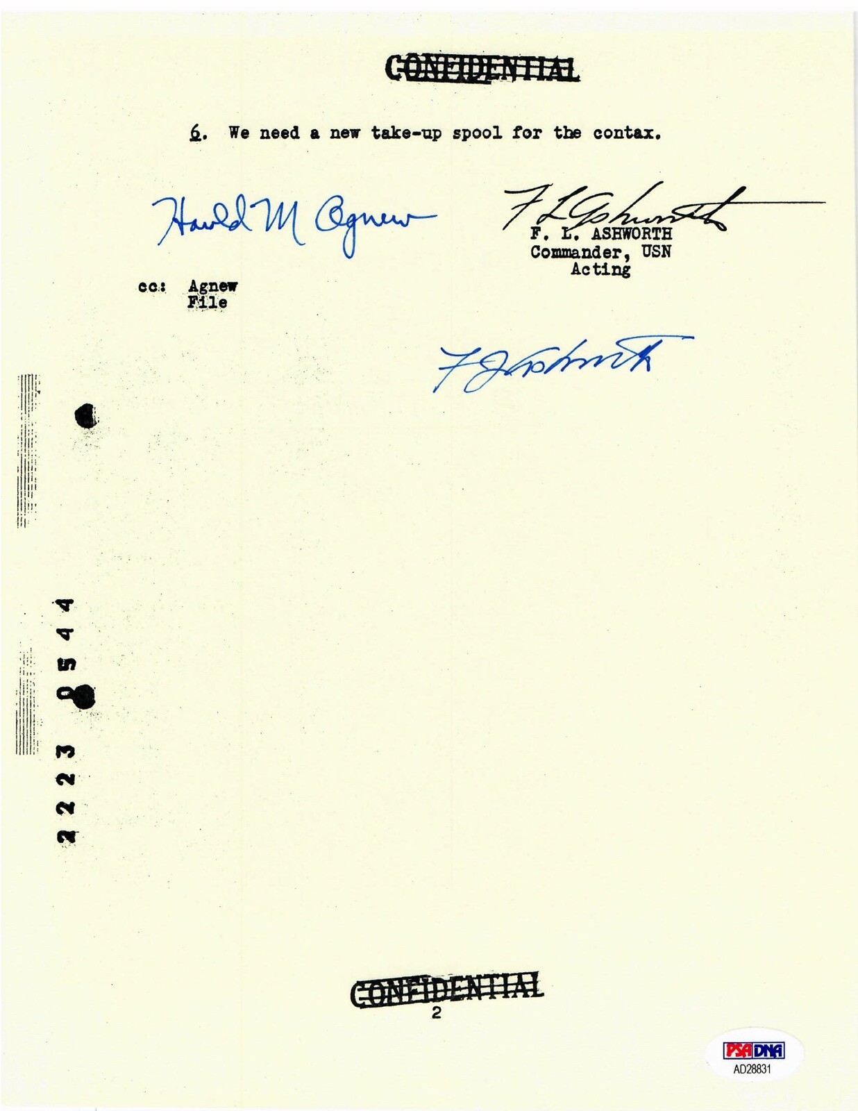 FREDERICK ASHWORTH HAROLD AGNEW SIGNED DOCUMENT PSA DNA AD28831 PROJECT ALBERTA