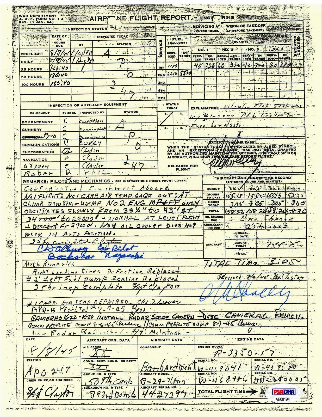 SWEENEY ALBURY SIGNED FLIGHT DOCUMENT PSA DNA AE08194 (D) BOCKSCAR NAGASAKI