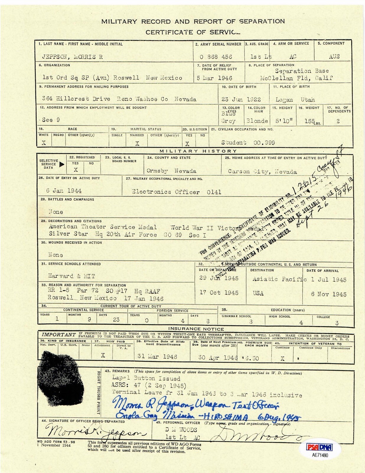 MORRIS JEPPSON SIGNED SERVICE DOCUMENT PSA DNA AE71480 ENOLA GAY ETO (D)