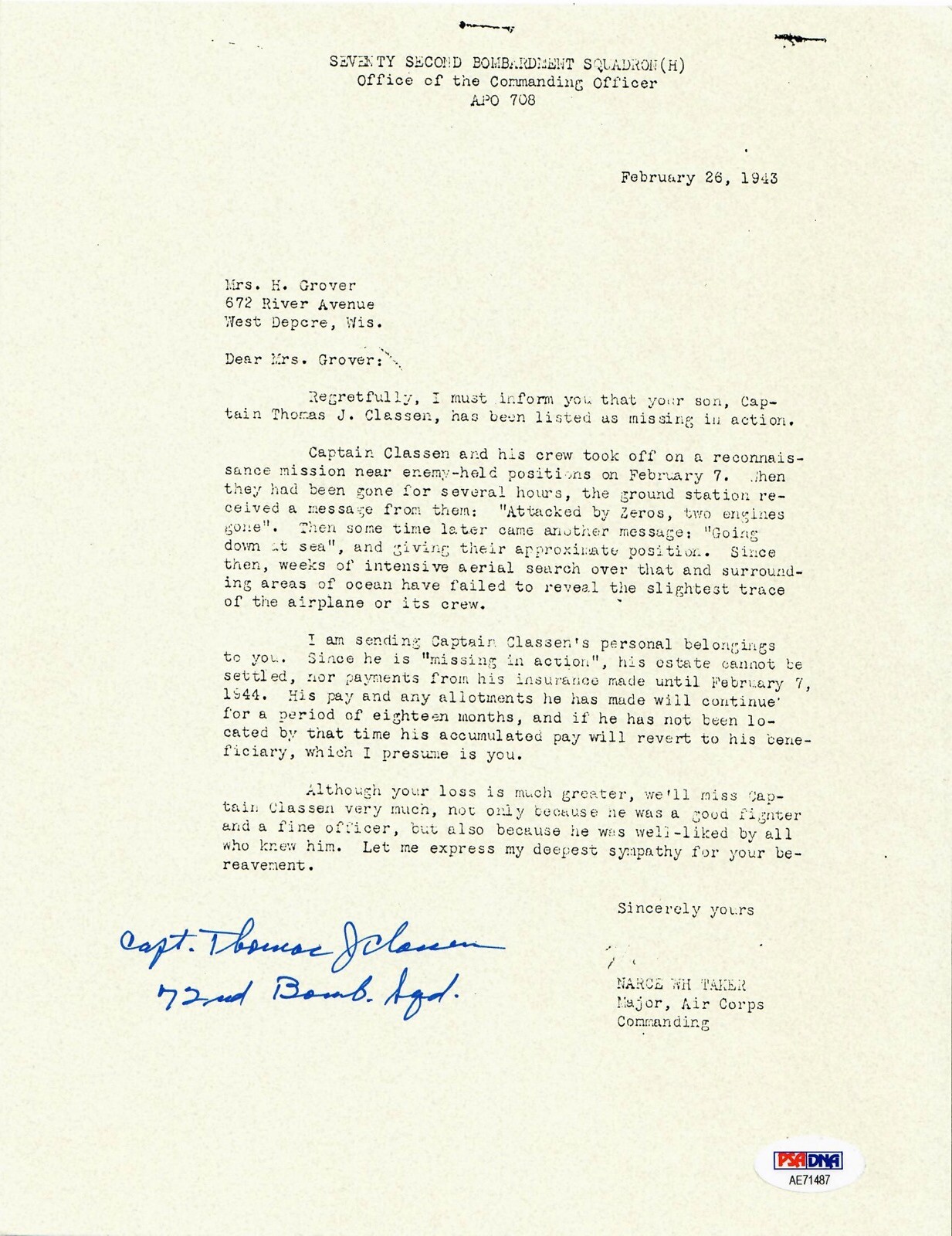 THOMAS CLASSEN SIGNED PSA DNA AE71487 (D) WWII MIA LETTER 509TH COMP GROUP