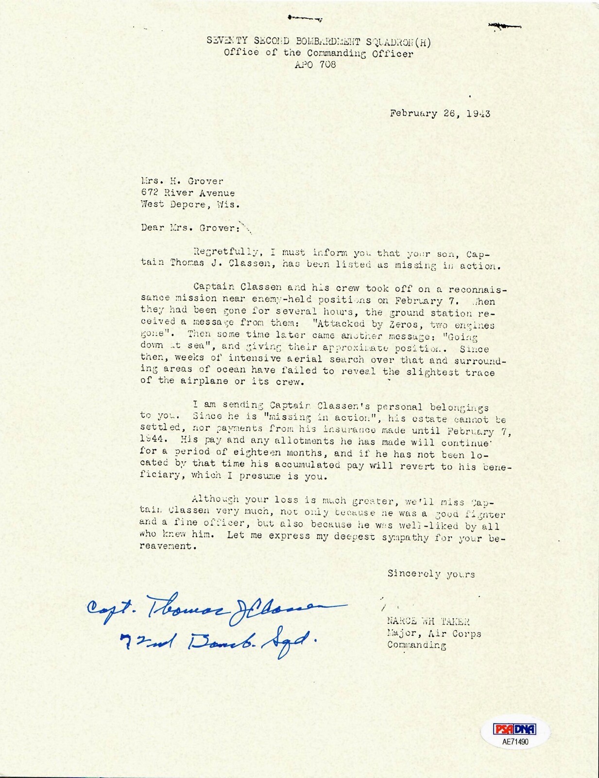 THOMAS CLASSEN SIGNED PSA DNA AE71490 (D) WWII MIA LETTER 509TH COMP GROUP