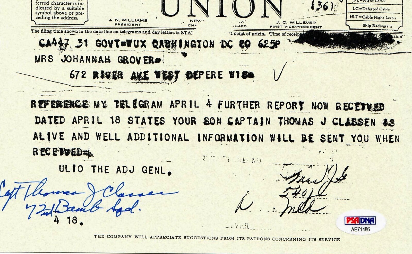 THOMAS CLASSEN SIGNED WESTERN UNION DOCUMENT PSA DNA AE71486 (D) WWII 72ND BS