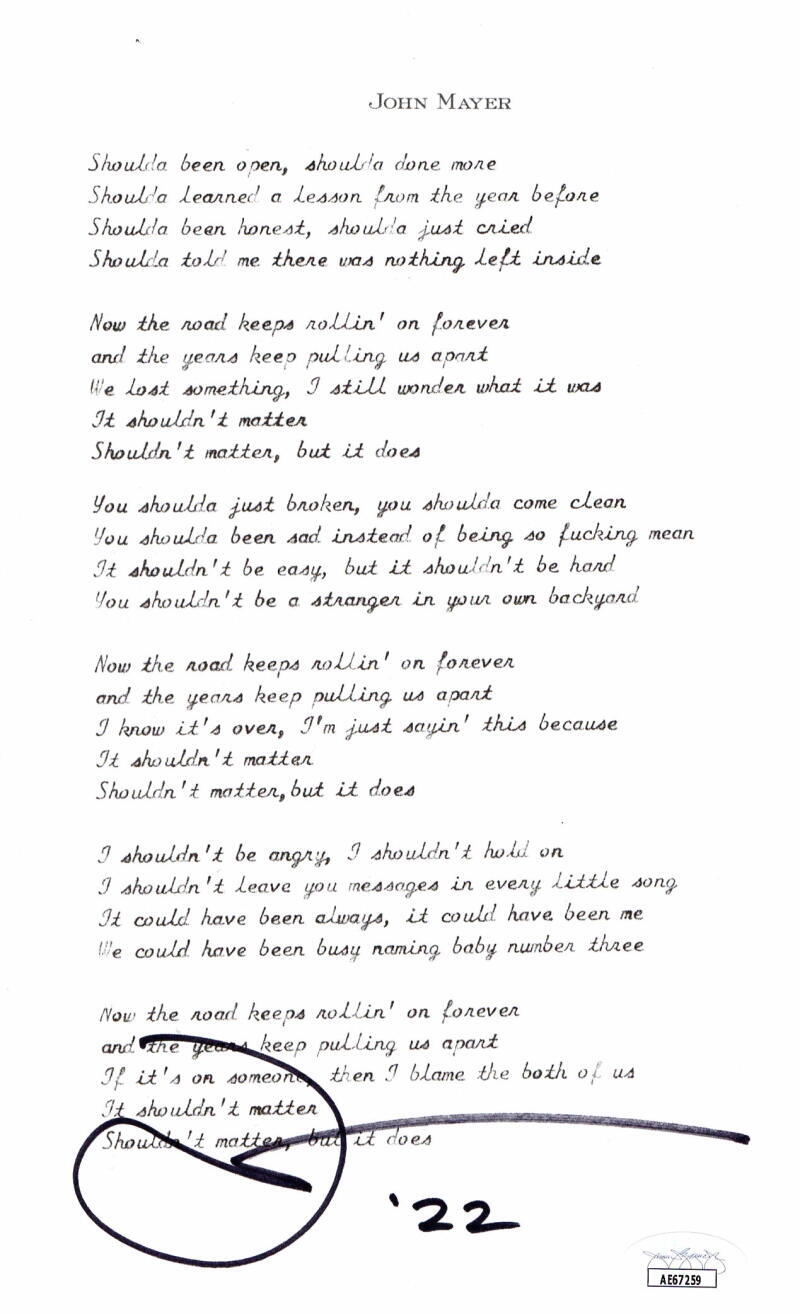 JOHN MAYER SIGNED AUTOGRAPH SHOULDN'T MATTER BUT IT DOES LYRIC SHEET - JSA COA