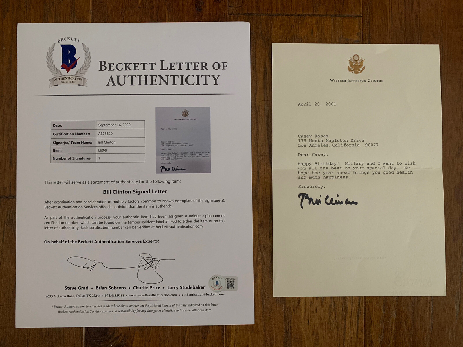 Bill Clinton Signed Autographed Birthday Letter To Casey Kasem BAS Certified