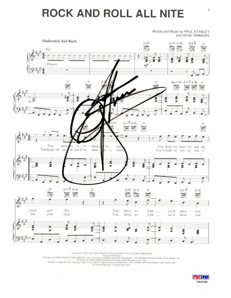 GENE SIMMONS KISS SIGNED AUTOGRAPH ROCK AND ROLL ALL NIGHT SHEET MUSIC - PSA COA