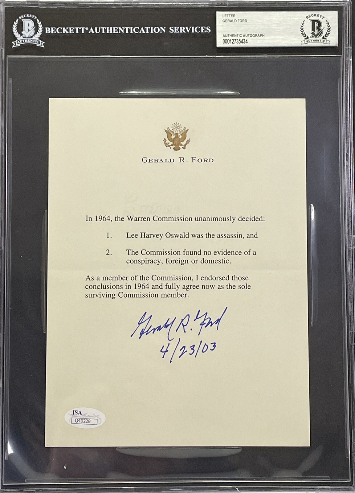 GERALD FORD Signed Auto Slabbed Encapsulated Warren Commission Letter JSA COA 28