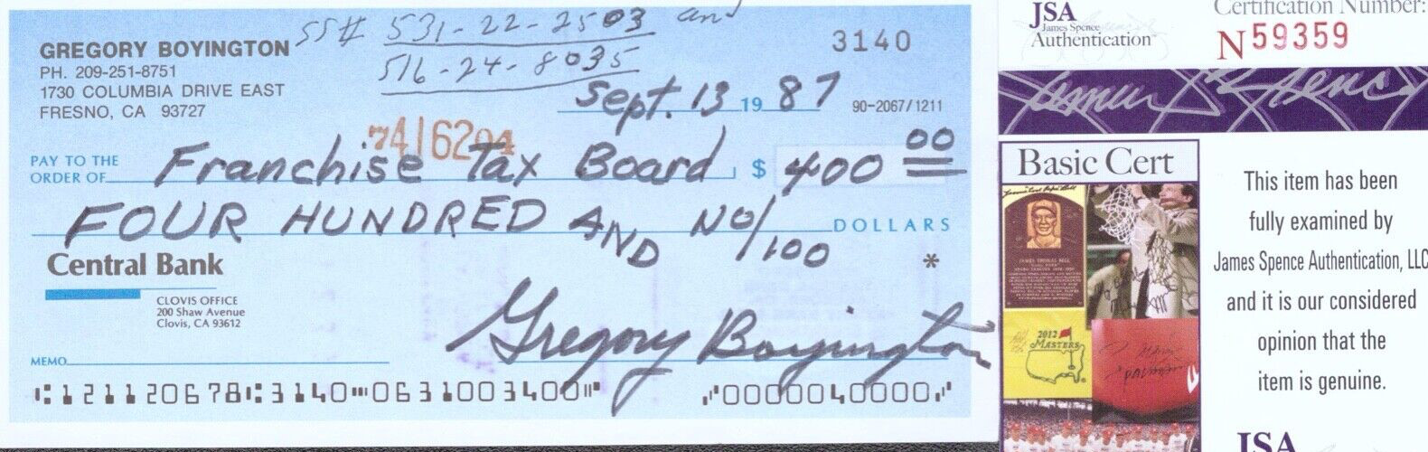 PAPPY BOYINGTON Signed Autograph Check JSA COA WW II Ace Fighter Pilot
