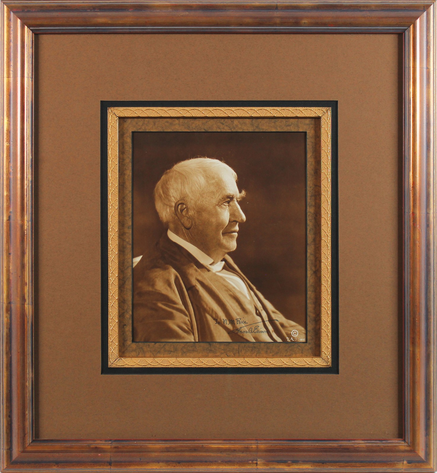 THOMAS EDISON TO N.M. RICE AUTHENTIC SIGNED 8×10 FRAMED PHOTO BAS #AB77793 COLLECTIBLE MEMORABILIA