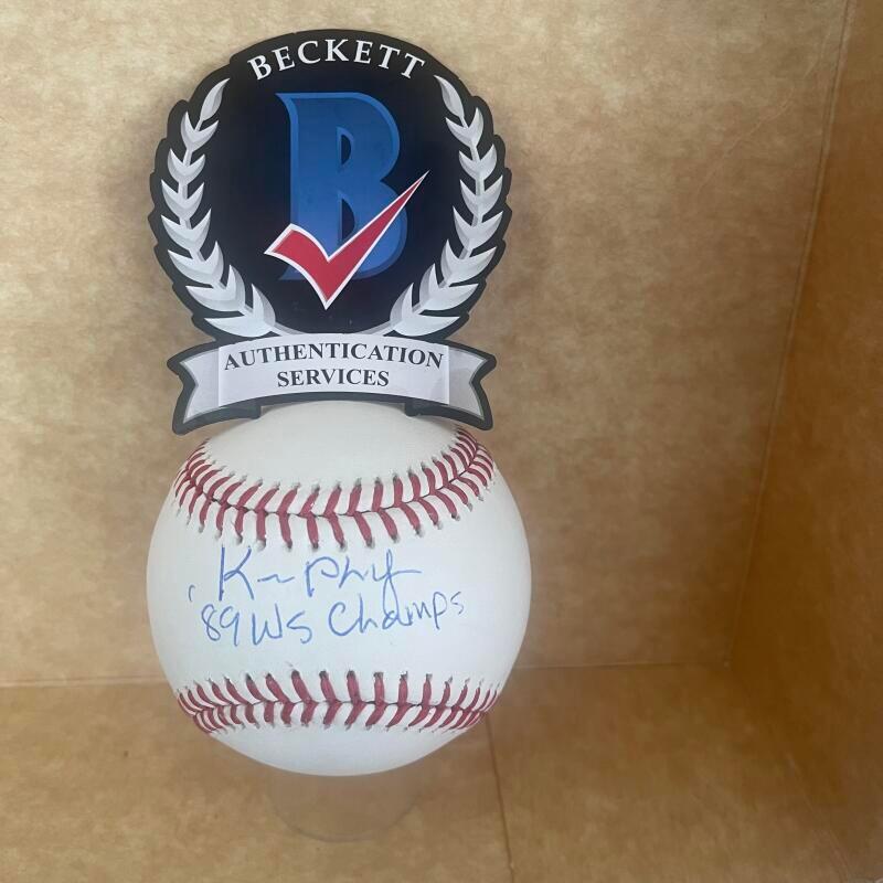 KEN PHELPS 89 WS CHAMPS SIGNED AUTOGRAPHED M.L. BASEBALL AUTHENTICATED