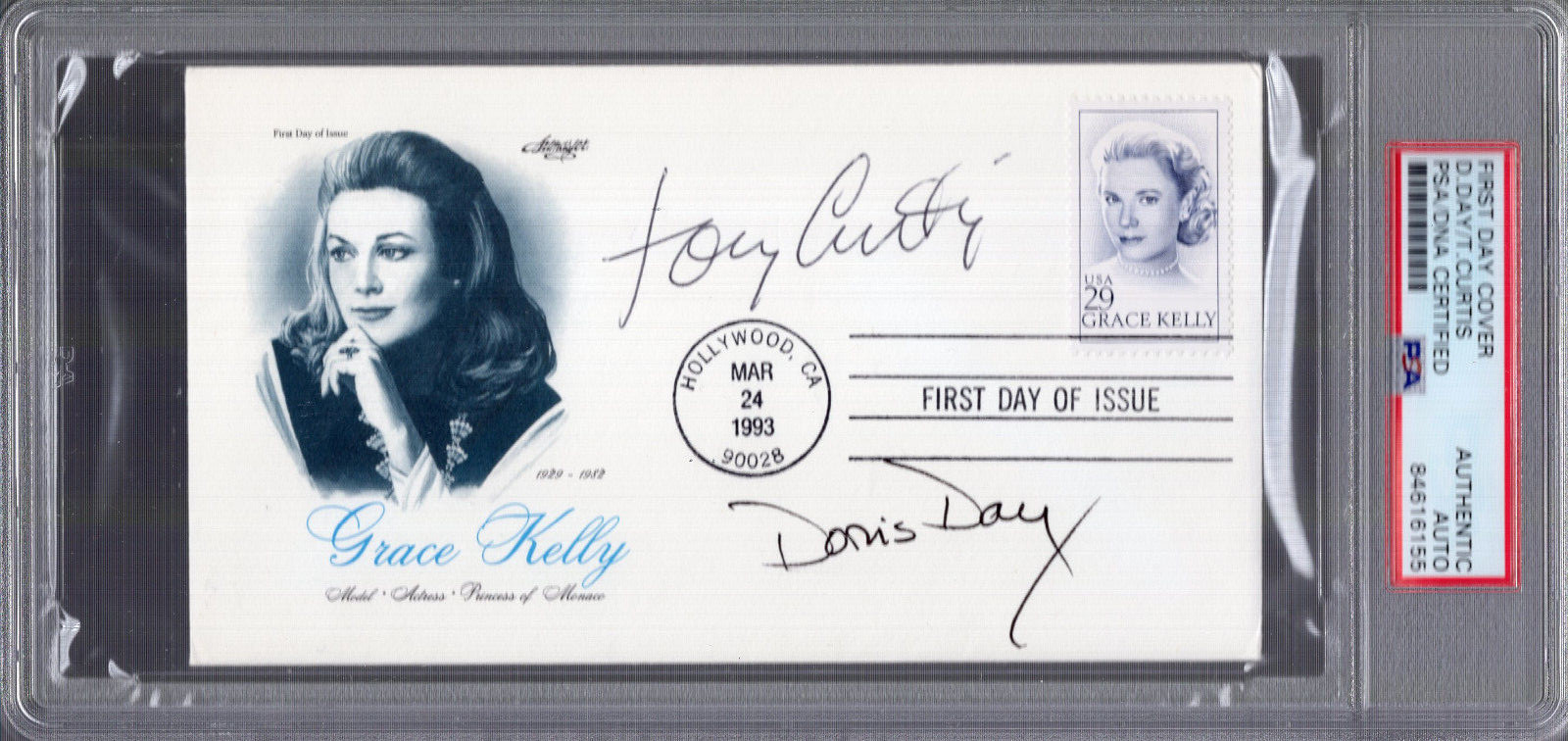 DORIS DAY+TONY CURTIS HAND SIGNED GRACE KELLY FDC AWESOME+RARE PSA SLABBED