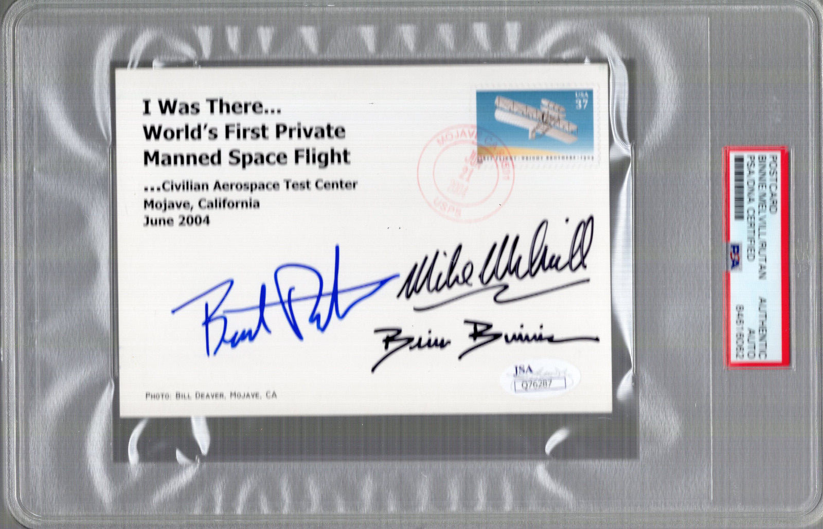 BRIAN BINNIE+RUTAN+MELVILL HAND SIGNED POSTCARD SPACESHIP ONE JSA+PSA SLABBED