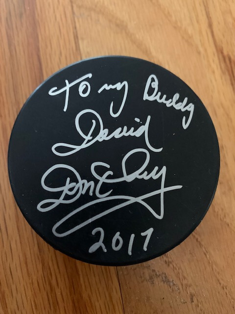 DON CHERRY HAND SIGNED BLACK HOCKEY PUCK HOCKEY LEGEND TO DAVID JSA