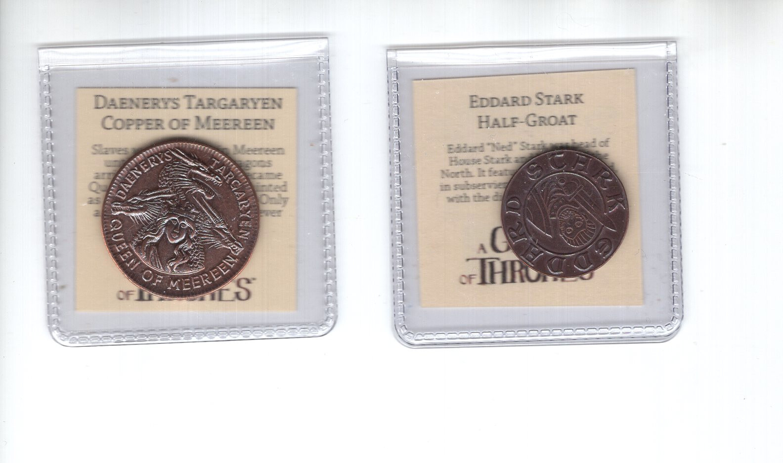 GAME OF THRONES LOT OF 2 COINS EDDARD STARK HALF GROAT+COPPER OF MEEREEN
