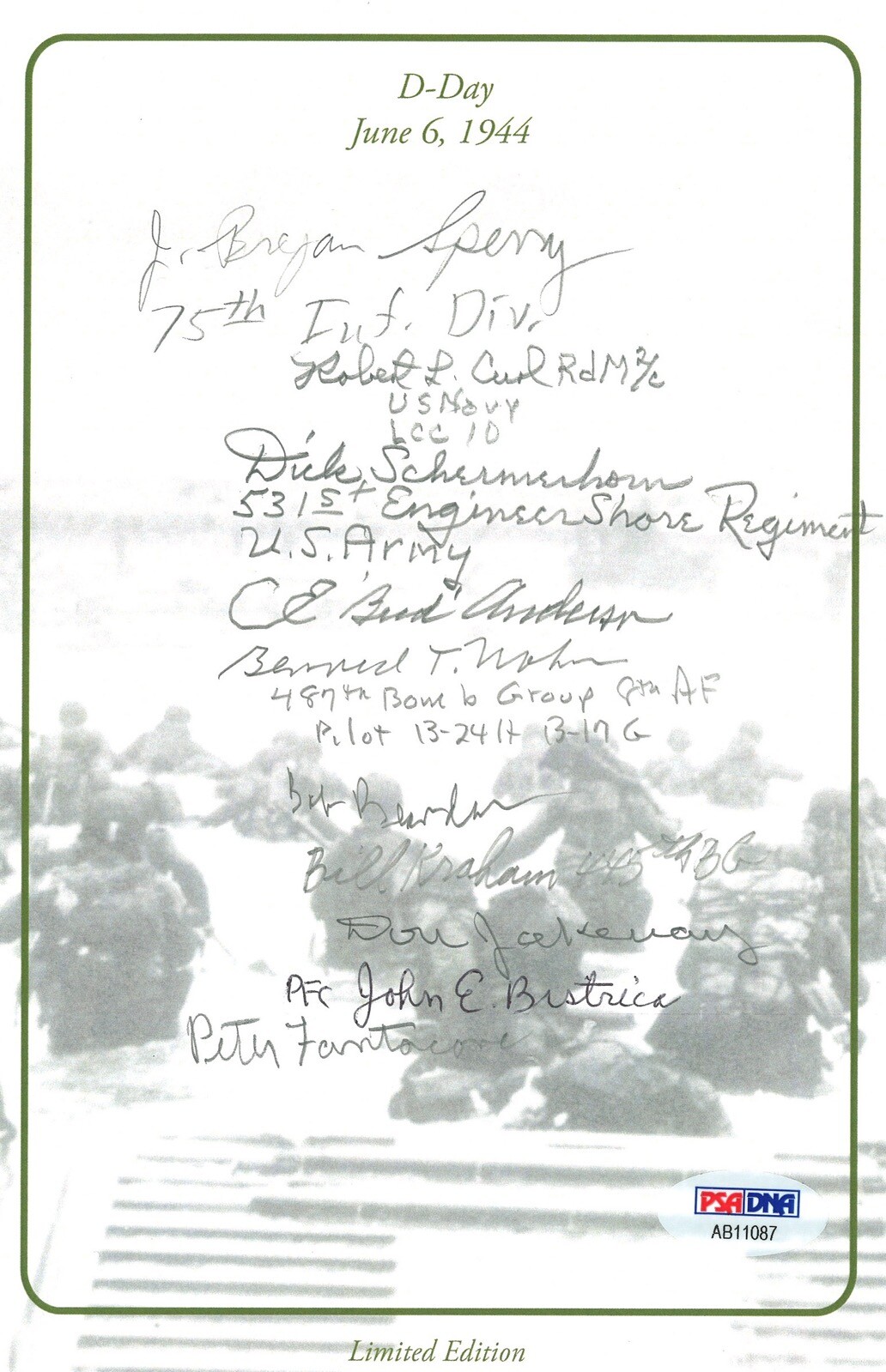 D-DAY VETERANS MULTI SIGNED BOOKPLATE PSA DNA AB11087 X10 6/6/44